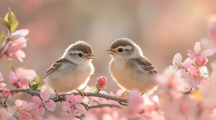 Wall Mural - Baby birds spring blossoms garden sunrise