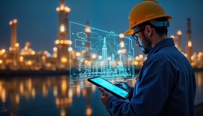 engineer manages smart city energy system. uses tech tablet to access virtual blueprints of oil, gas