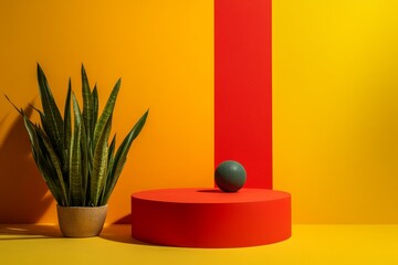 Poster - Product display with snake plant, red and yellow background.