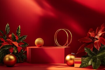 Poster - Red Christmas scene with podium, ornaments, and poinsettias.