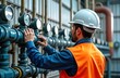 © Pete - Man in safety vest, helmet checks pressure gauges. Works at gas boiler house. Preparing system for heating season. Industrial worker examines equipment. Taking measurements on pressure. Engineer