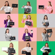 © Pixel-Shot - Collage of young businesswomen with safe boxes on color background