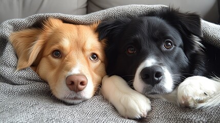 Poster - Cozy dogs cuddle under blanket on sofa