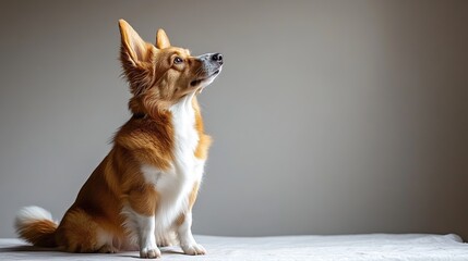 Poster - Curious dog sitting, gazing upward, indoor studio shot, neutral background, pet portrait