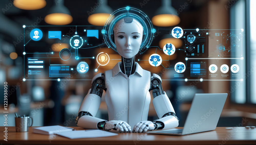 Digital interface of an AI chatbot on a laptop. Virtual assistant ...