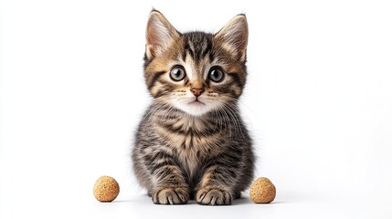 Canvas Print - Cute kitten sitting, treats nearby, white background, pet adoption