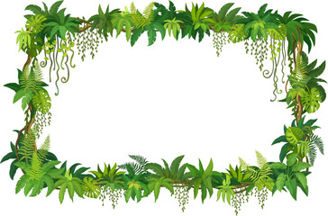 Wall Mural - frame of liana, jungle ivy and tropical rainforest vine leaves, vector background. liana frame with 