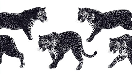 Wall Mural - Five Leopards, Walking, White Background, Wildlife Illustration, Design Element