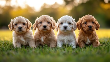 Sticker - Four adorable puppies playing in a park at sunset