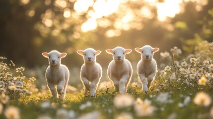 Poster - Four lambs running towards camera, meadow sunset