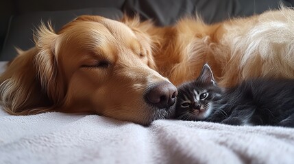 Poster - Golden Retriever and kitten nap together on bed