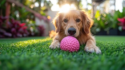 Poster - Golden Retriever puppy plays with ball in garden