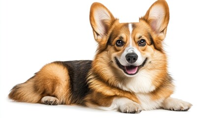 Poster - Happy corgi dog lying down, white background.  Pet website, advertising