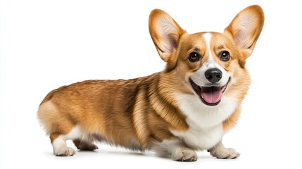 Poster - Happy corgi dog lying, white background, pet portrait