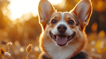 Poster - Happy corgi dog sunset field autumn