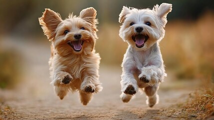 Poster - Happy dogs leap joyfully on path, autumn background, pet adoption