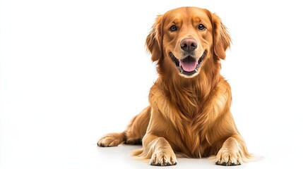 Poster - Happy golden retriever dog posing, white background, studio shot, pet portrait