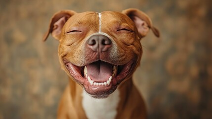 Poster - Happy pitbull, studio shot, brown background, pet portrait