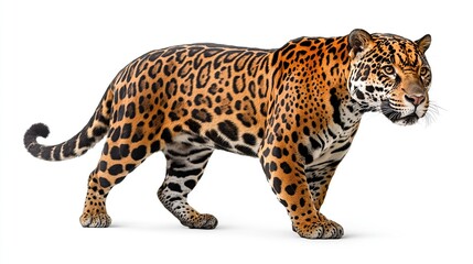 Poster - Majestic jaguar walking, white background, wildlife photography, zoological illustration