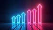 © Pete - Neon arrows point upwards on dark background. Bright blue, pink glowing arrows suggest progress, growth. Modern design. Trendy colors create futuristic vibes. Abstract art piece. Illuminated symbols.