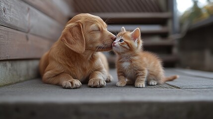 Wall Mural - Puppy and kitten cuddling outdoors, friendship, wooden background, pet love