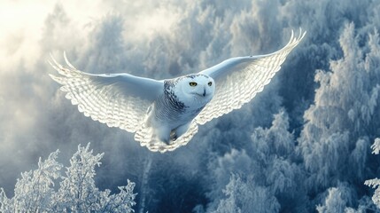 Wall Mural - Snowy owl flying near the treetops of a frosty forest, blending perfectly with the wintry environment