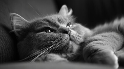 Wall Mural - Relaxed grey cat resting indoors, close-up