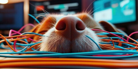 Wall Mural - Dog sleeping on colorful wires. AI.