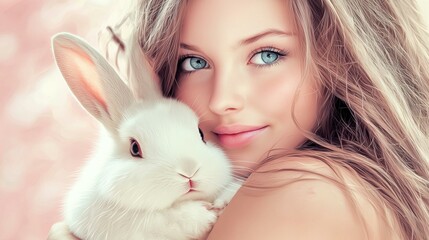 Canvas Print - A young woman gently holds a fluffy white rabbit. AI.