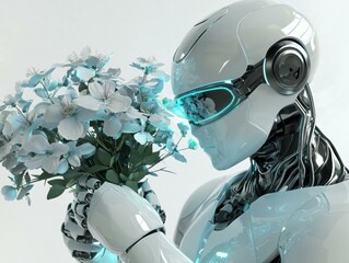 Poster - A robot gently holds a bouquet of flowers. AI.