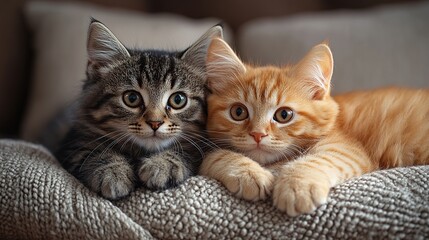 Wall Mural - Two kittens cuddling on couch, home interior background