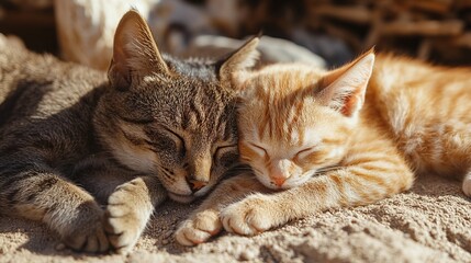 Wall Mural - Two kittens cuddling on sandy beach, sunbathing