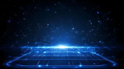 Digital keyboard, glowing network, dark background