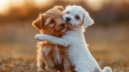 Poster - Two puppies hugging outdoors at sunset