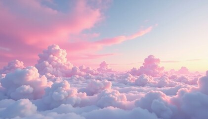 Wall Mural - Soft pink sky with cotton white clouds drifting gently across the horizon, rainbow, serene