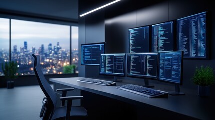 Wall Mural - modern office workspace with multiple screens displaying code overlooking a cityscape at dusk