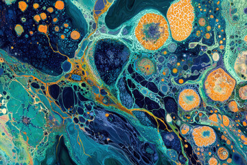 Wall Mural - abstract artistic visualization featuring vibrant colors and fluid patterns, showcasing shades of blue, orange, and green. This artwork evokes sense of depth and movement