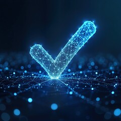 Abstract tech checkmark graphic represents digital success. Futuristic symbol stands on network background. Positive validation. Modern tech illustration. Network connection. Data verification.