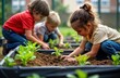 © Pete - Focused children plant seeds in garden beds. Group of school students actively plant seedlings. Eco-friendly school project in nature. Youth learning about gardening. Teamwork, hands-on learning.