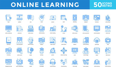 Wall Mural - Online learning icons set with book, webinar, chat, smart, tutorial, exam, e learning, video call, instructor, online fitness icon. Simple retro vector 
