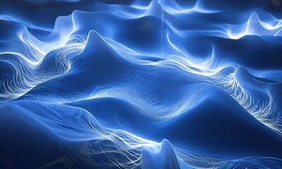 Fototapete - Abstract blue energy flow, digital landscape, glowing lines, dark background, tech design