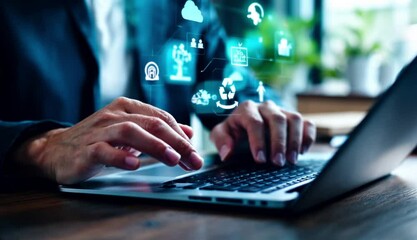 Person using laptop, interacting with digital interface showing sustainability and technology icons.
