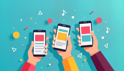 Hands hold smartphones. Modern tech communication illustrated. Colorful flat design. People interact digitally. Social media interaction. Contemporary style. Mobile devices. Digital apps. User
