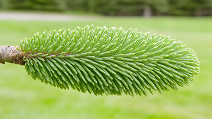 Spring spruce shoot, green needles, blurred background, nature
