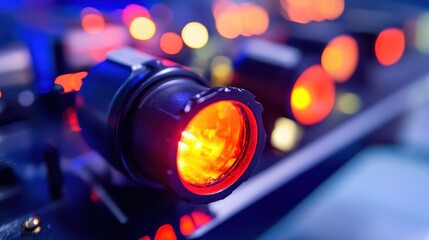 Wall Mural - Glowing Red Light Bulb on a Control Panel with Blurred Background