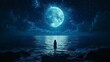 © Hafidz - Girl gazing at giant moon over calm sea at night; fantasy art