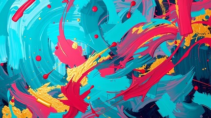 A digitally painted abstract composition featuring swirling, vibrant hues of teal, crimson, and gold, rendered in a dynamic, expressive style with visible brushstrokes, reminiscent of a Jackso