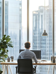Fototapete - Man Working in Urban Office with Large Windows Overlooking Cityscape : Generative AI