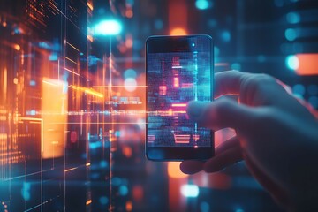 Smart phone in hand on abstract background with binary code