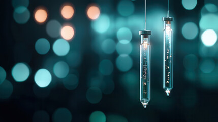 Hyper realistic photo of laboratory test tubes with liquid, glowing background